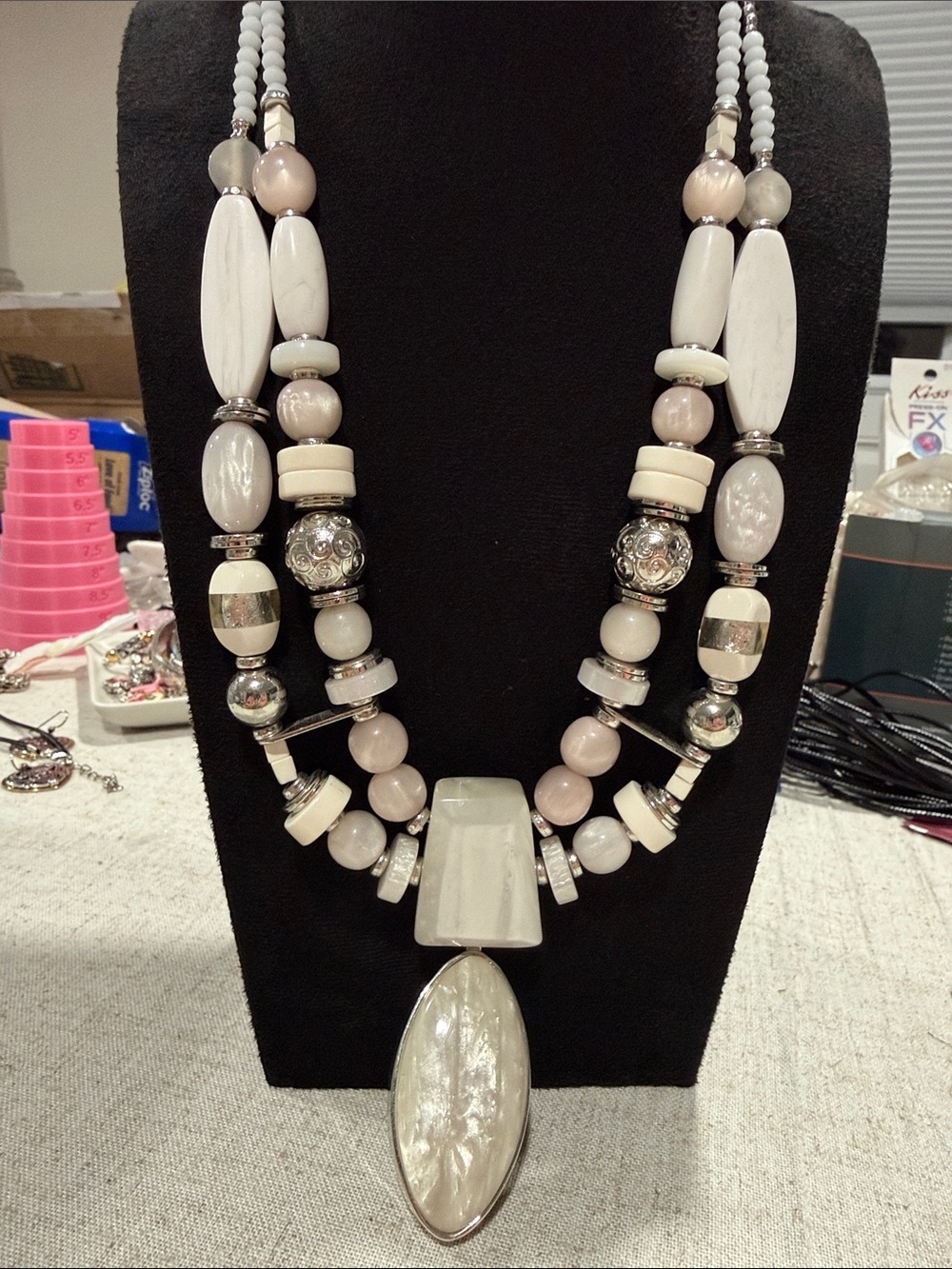 Chico's White Neutral Beaded Statement Necklace - Double Strand Pendant